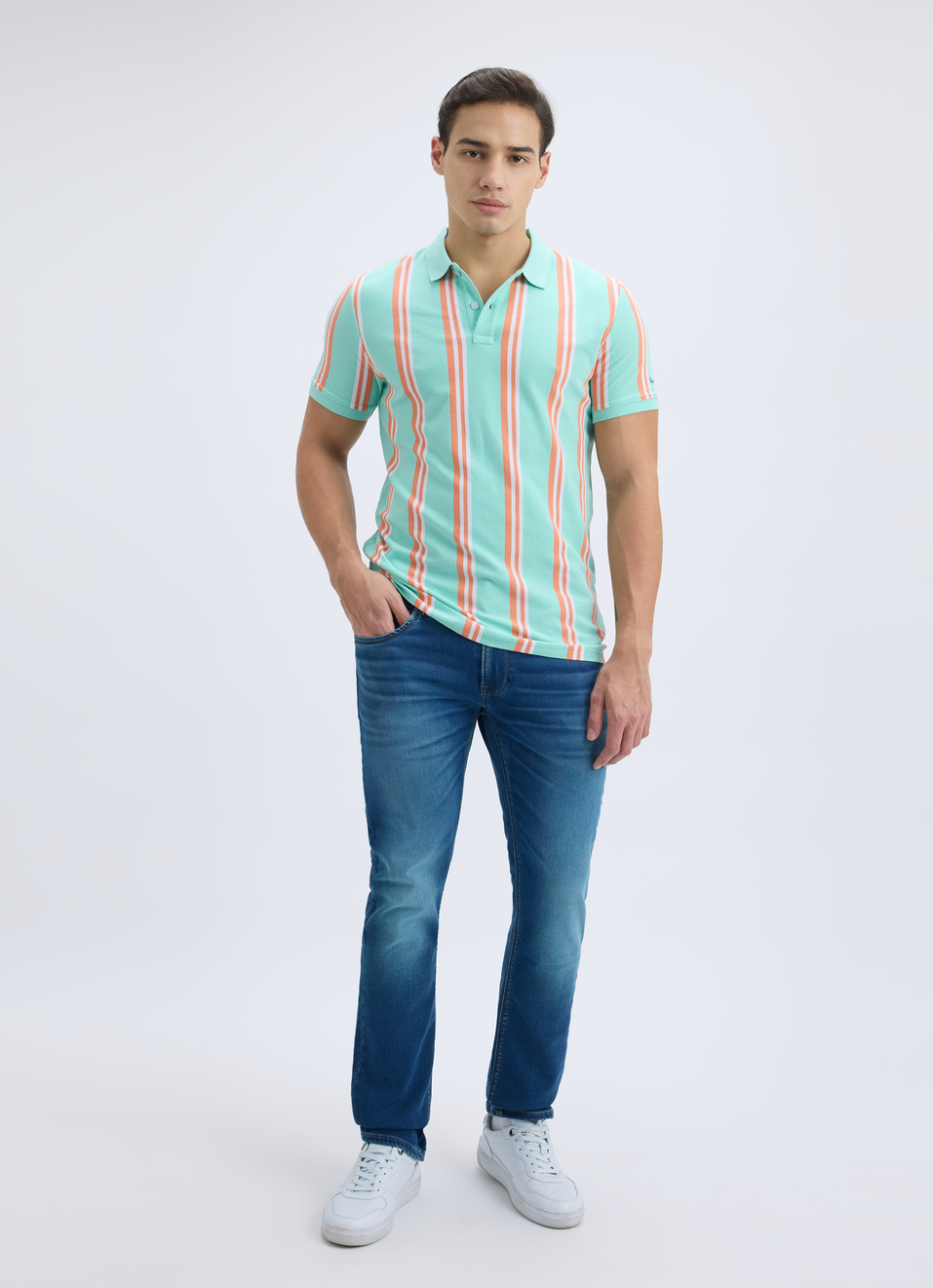 Men Green Vertical Stripe Short Sleeve Polo, , large image number 5