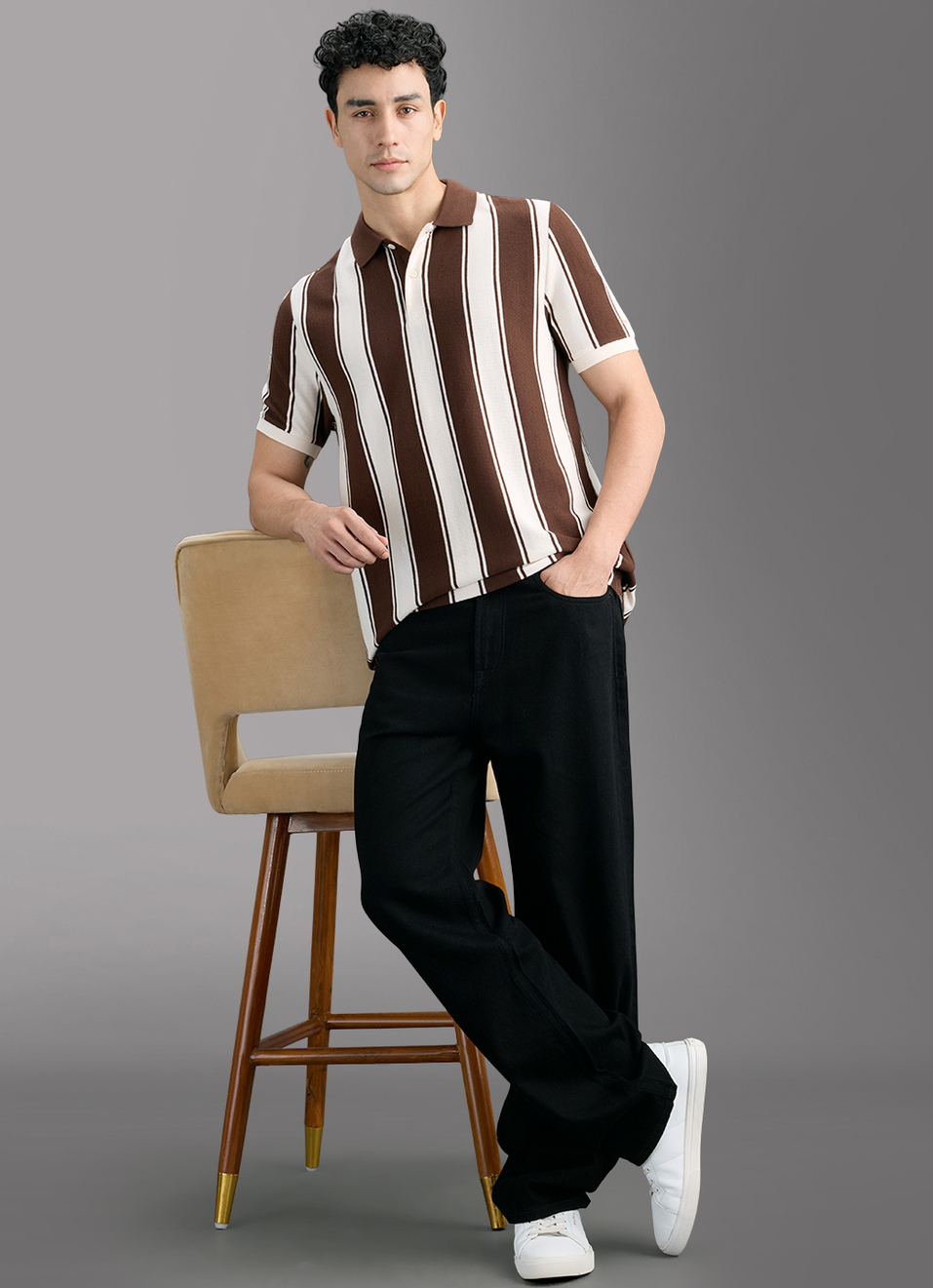 Men Brown Striped Polo T-shirt, , large image number 2