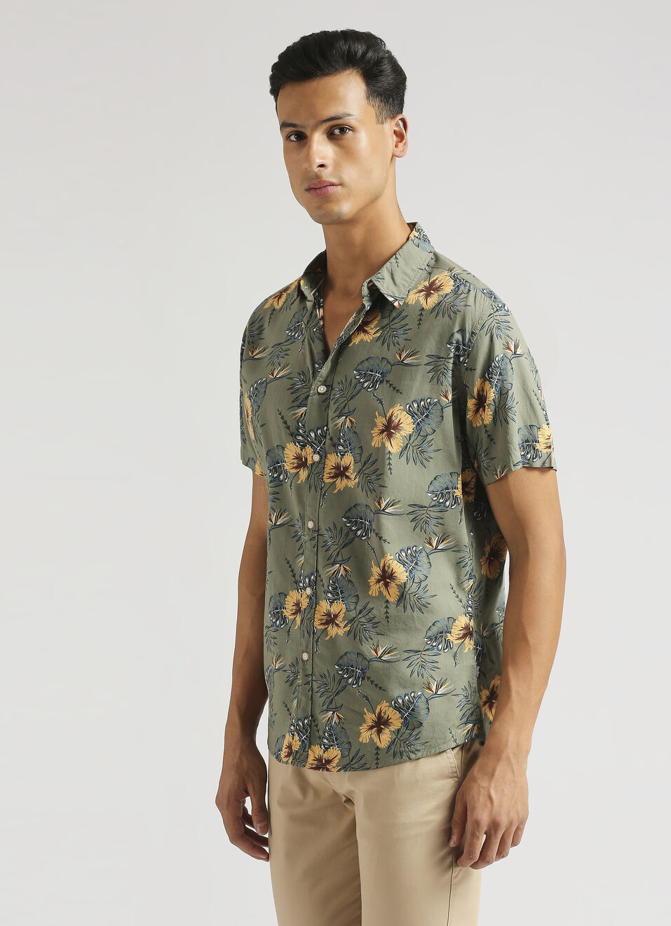 Olive Floral Print Short Sleeve Shirt, , large image number 3