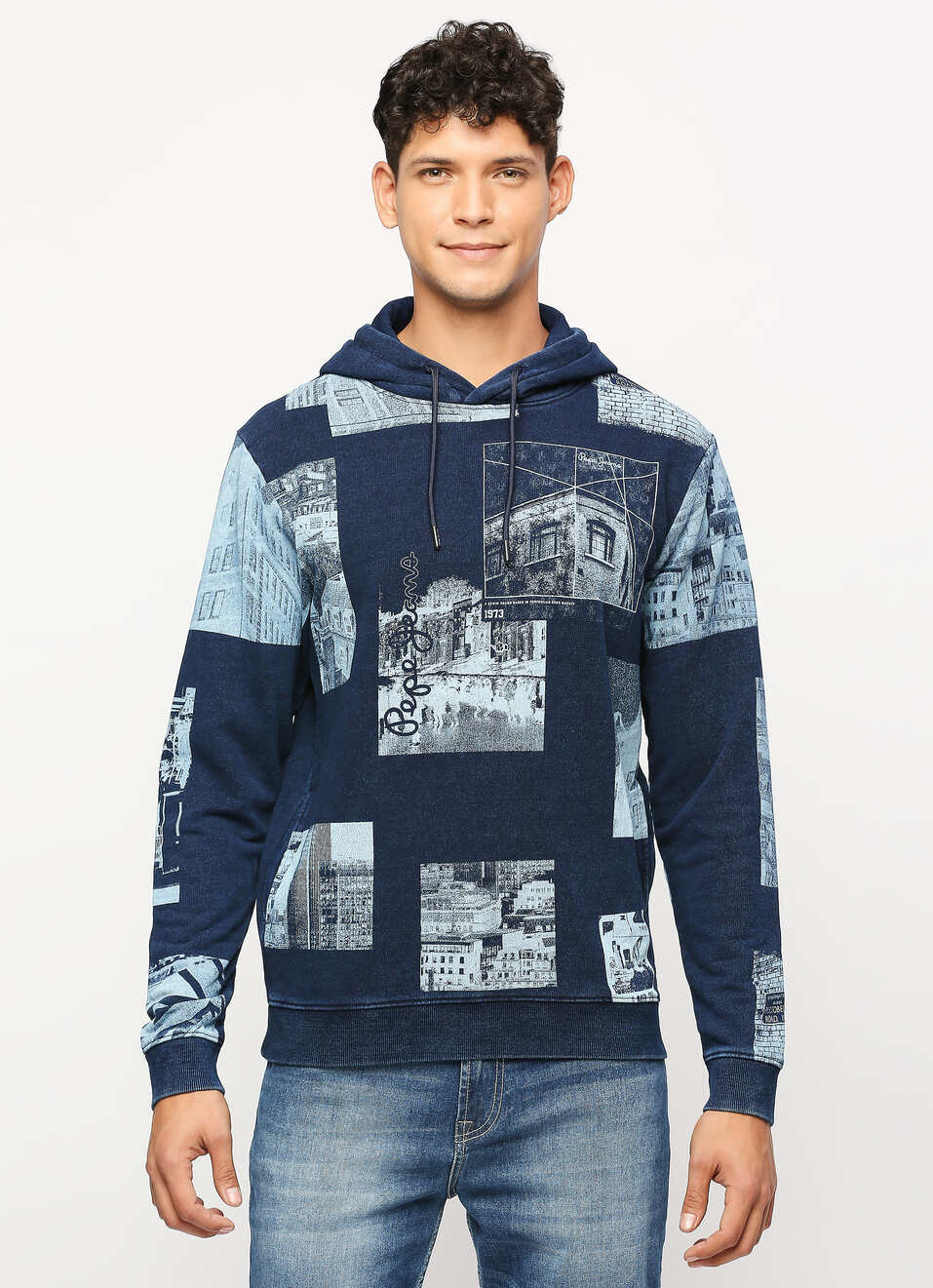 Indigo Graphic Printed Hooded Sweatshirt, , large image number 1