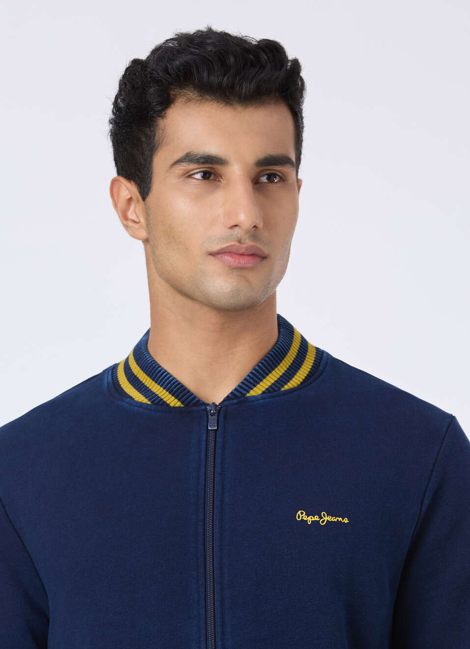 Men Navy Varsity Collar Zip Up Sweatshirt, , large image number 4