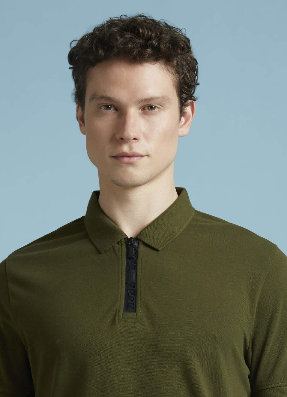 Olive Short Sleeves Zipper Stretch Polo, , large image number 4