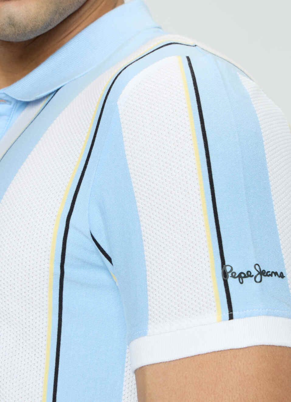 Men Blue Striped Polo Collar T-shirt, , large image number 6