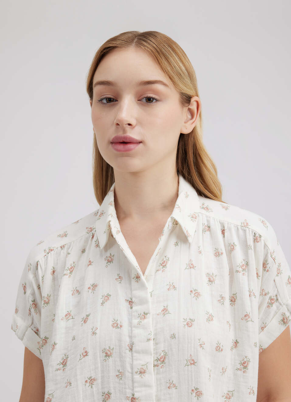 Women White Floral Print Short Sleeve Shirt, , large image number 3