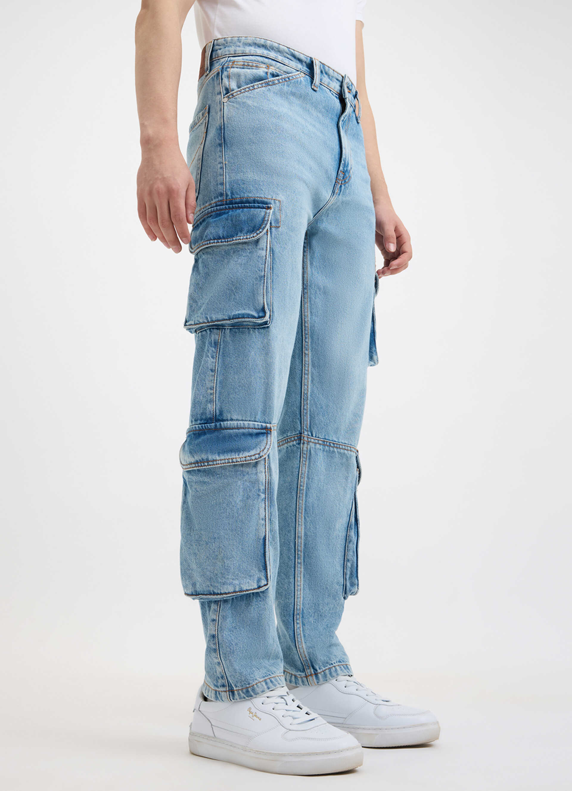 Men Blue Straight Fit Mid Rise Cargo Jeans, , large image number 8
