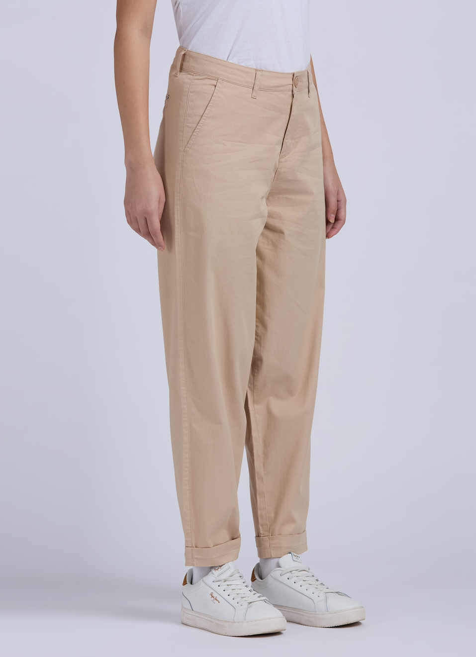 Beige Mid Waist Carrot Fit Trousers, , large image number 3