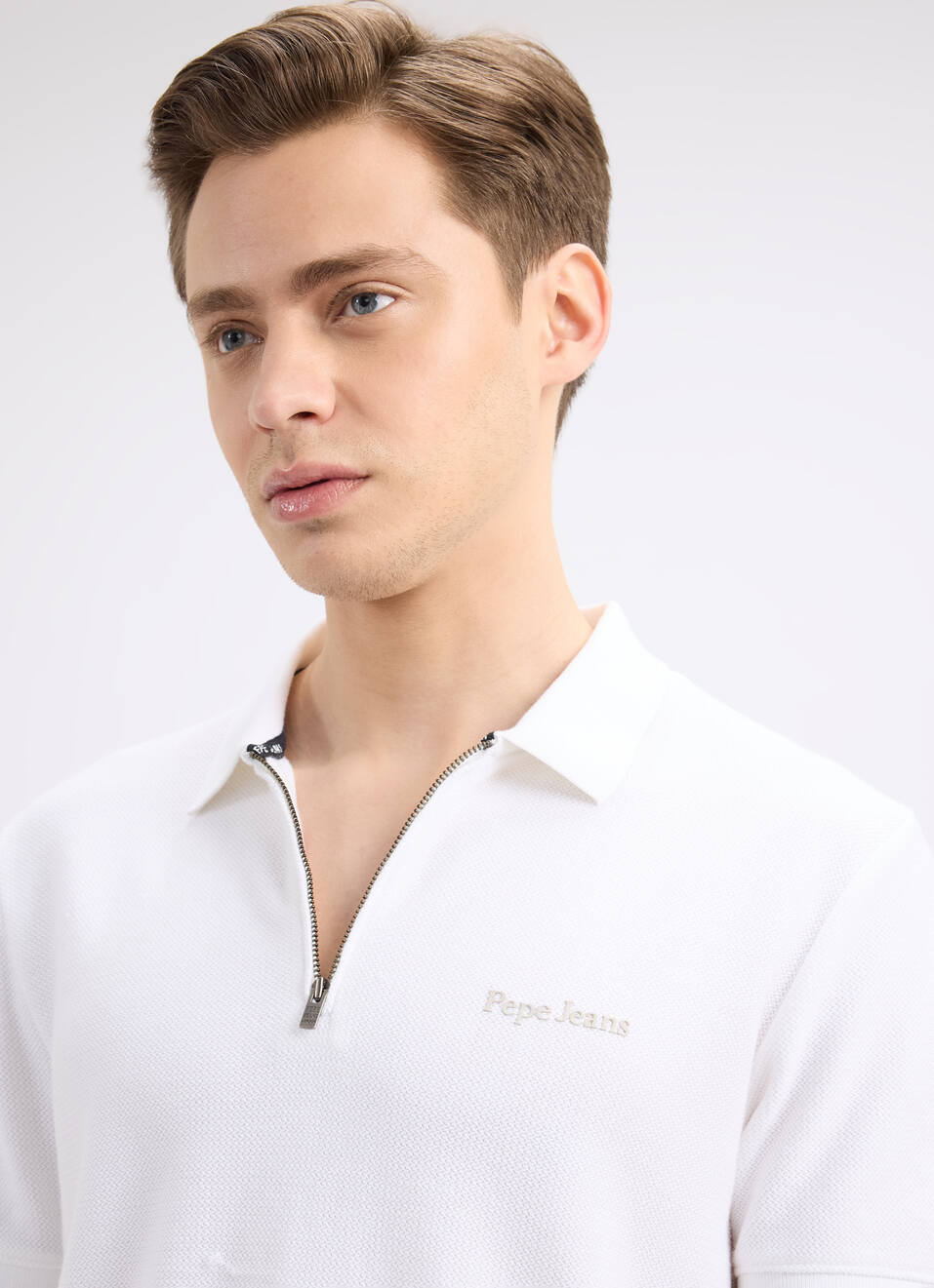 Men White Short Sleeve Zipper Polo, , large image number 4
