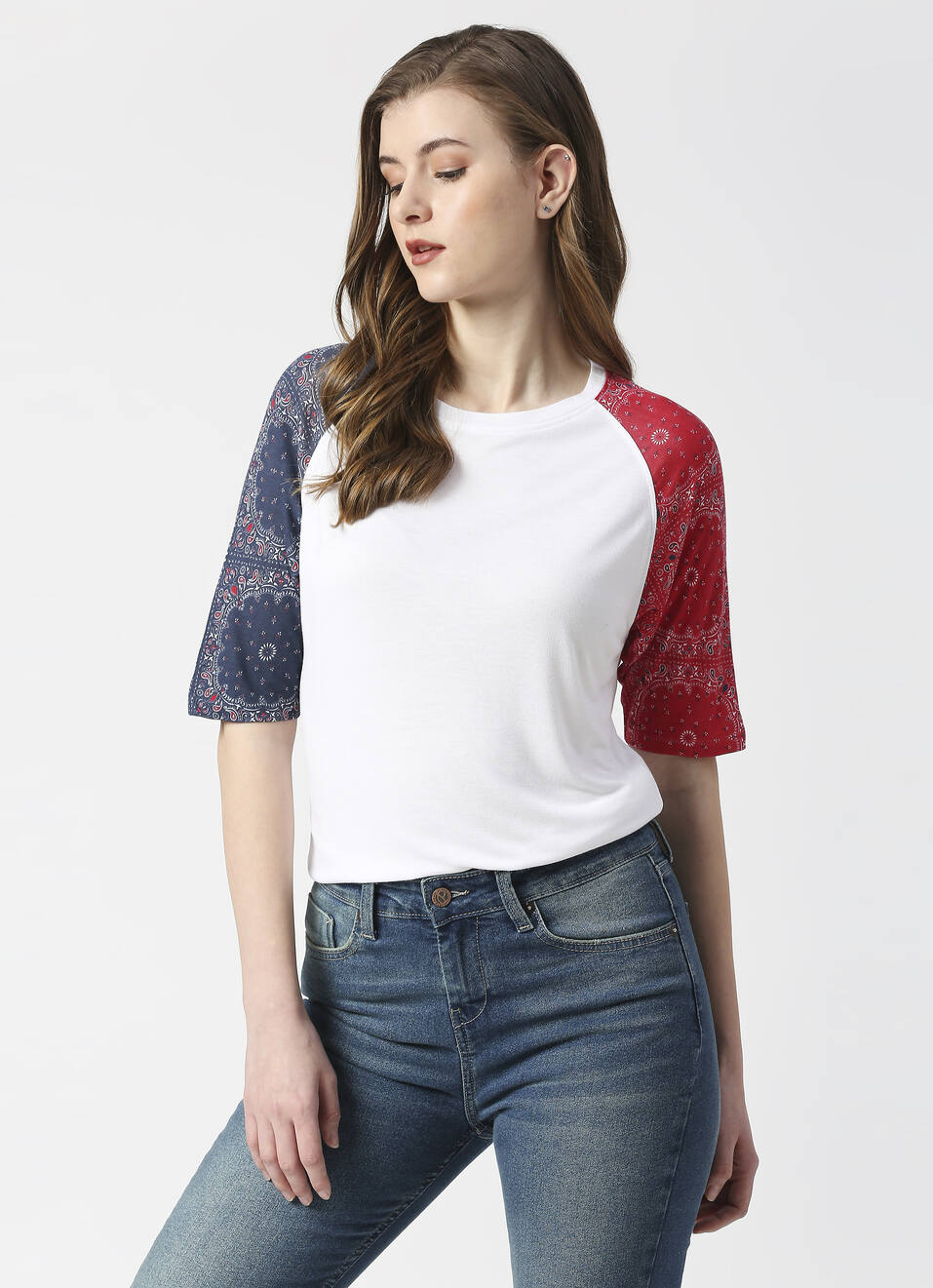 Bandana Sleeve Print Color Block T-shirt, , large image number 0