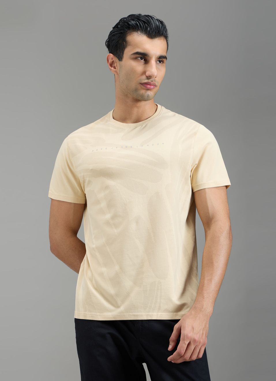 Men Beige Abstract Print Slim Fit T-shirt, , large image number 1