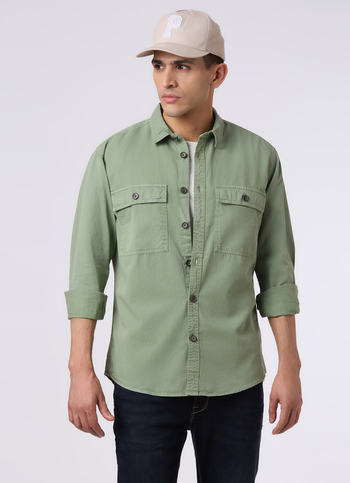 Men Green Utility Flap Pockets Casual Shirt