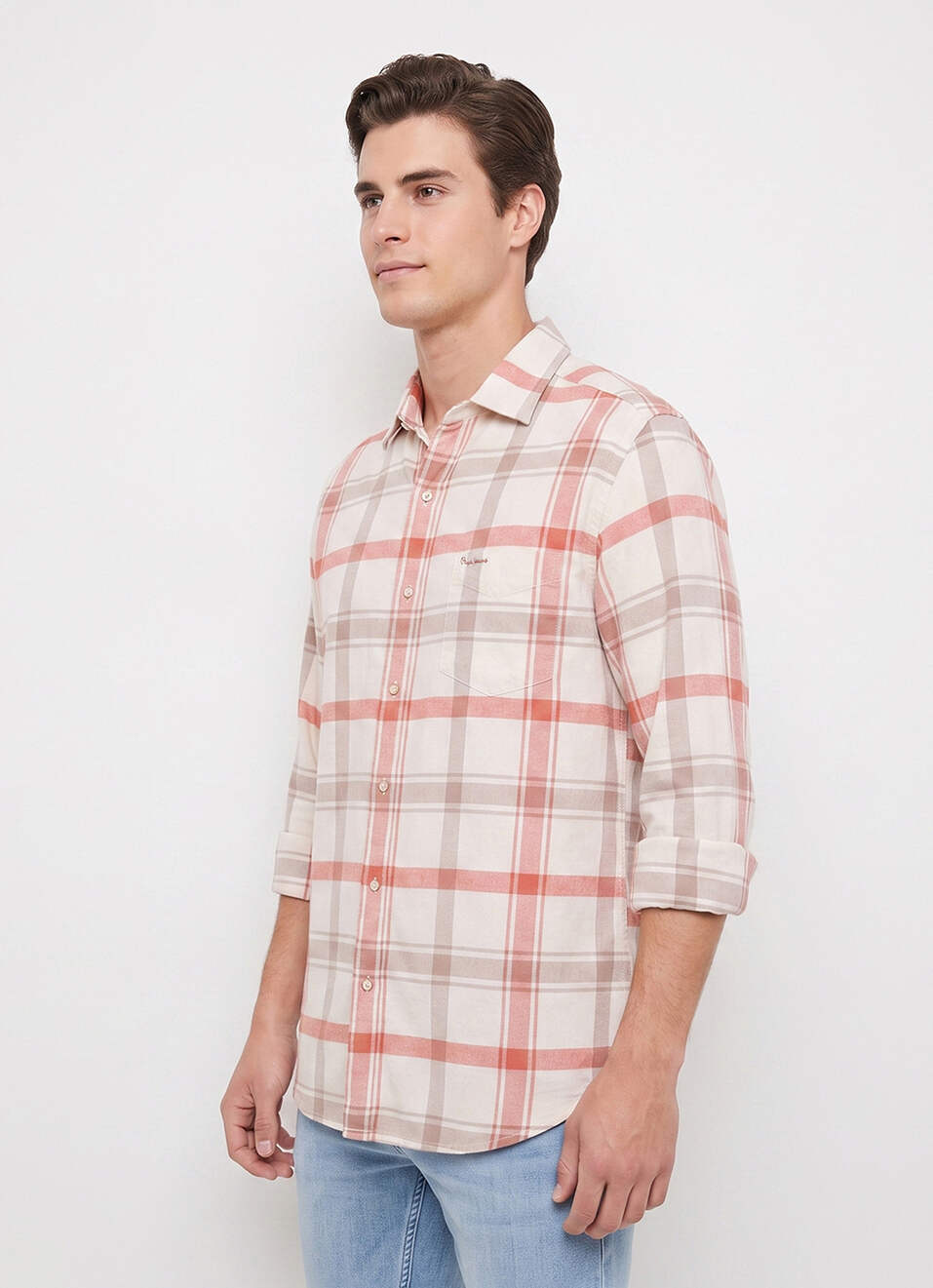 Men Off White Checked Brushed Long Sleeve Shirt, , large image number 3
