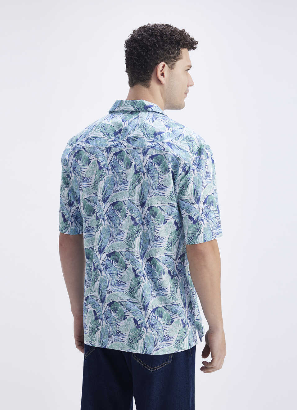 Men Green Resort Collar Tropical Leaf Print Short Sleeve Shirt, , large image number 2