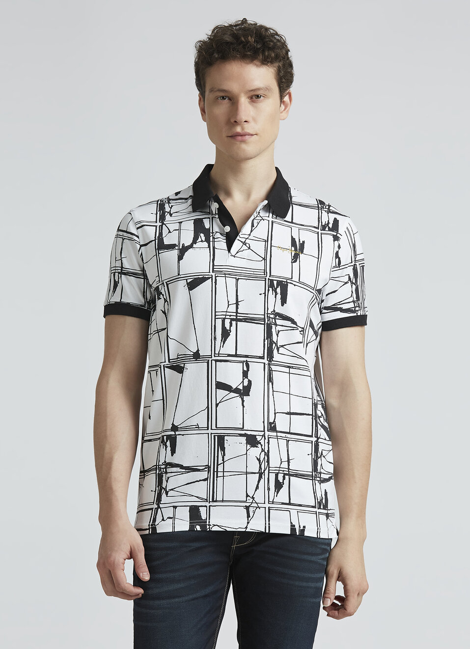 Black Abstract Print Short Sleeve Polo, , large image number 1