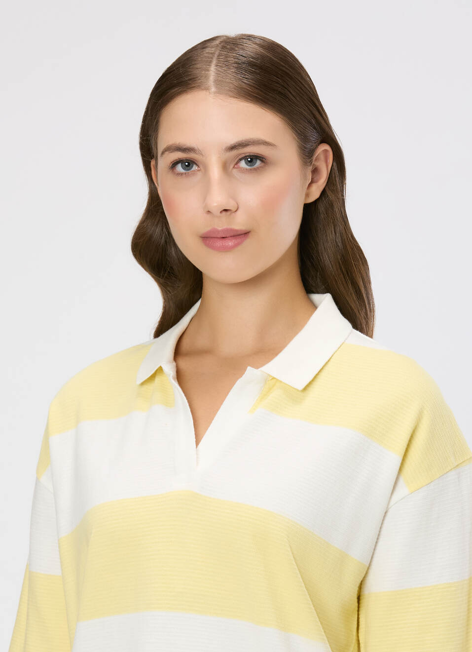 Women Yellow Striped Polo Collar T-shirt, , large image number 4