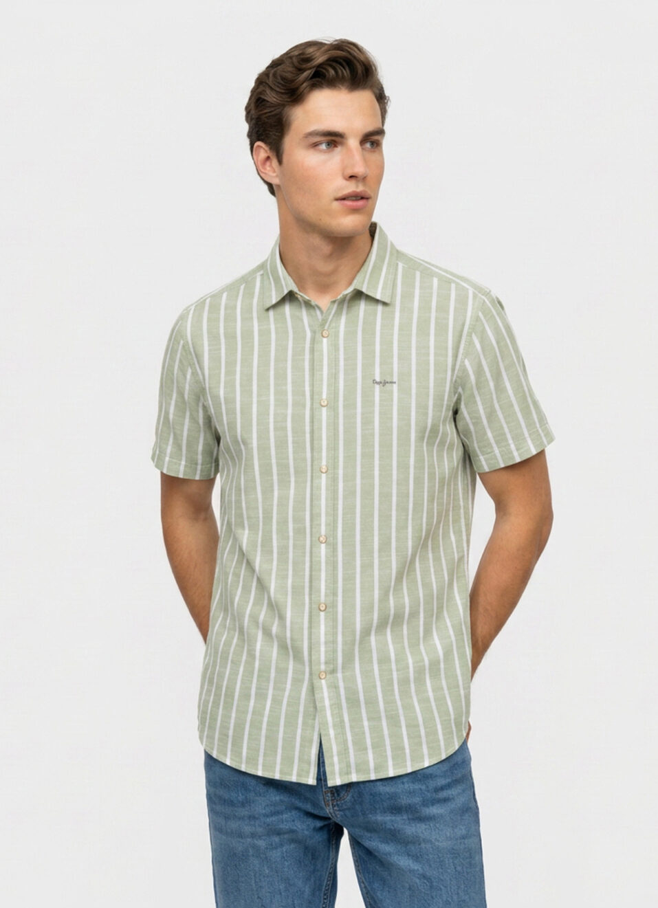 Men Green Striped Cotton Slub Short Sleeve Shirt, , large image number 1