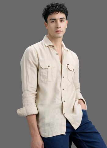 Men Beige Solid Pure Linen Safari Long Sleeve Shirt