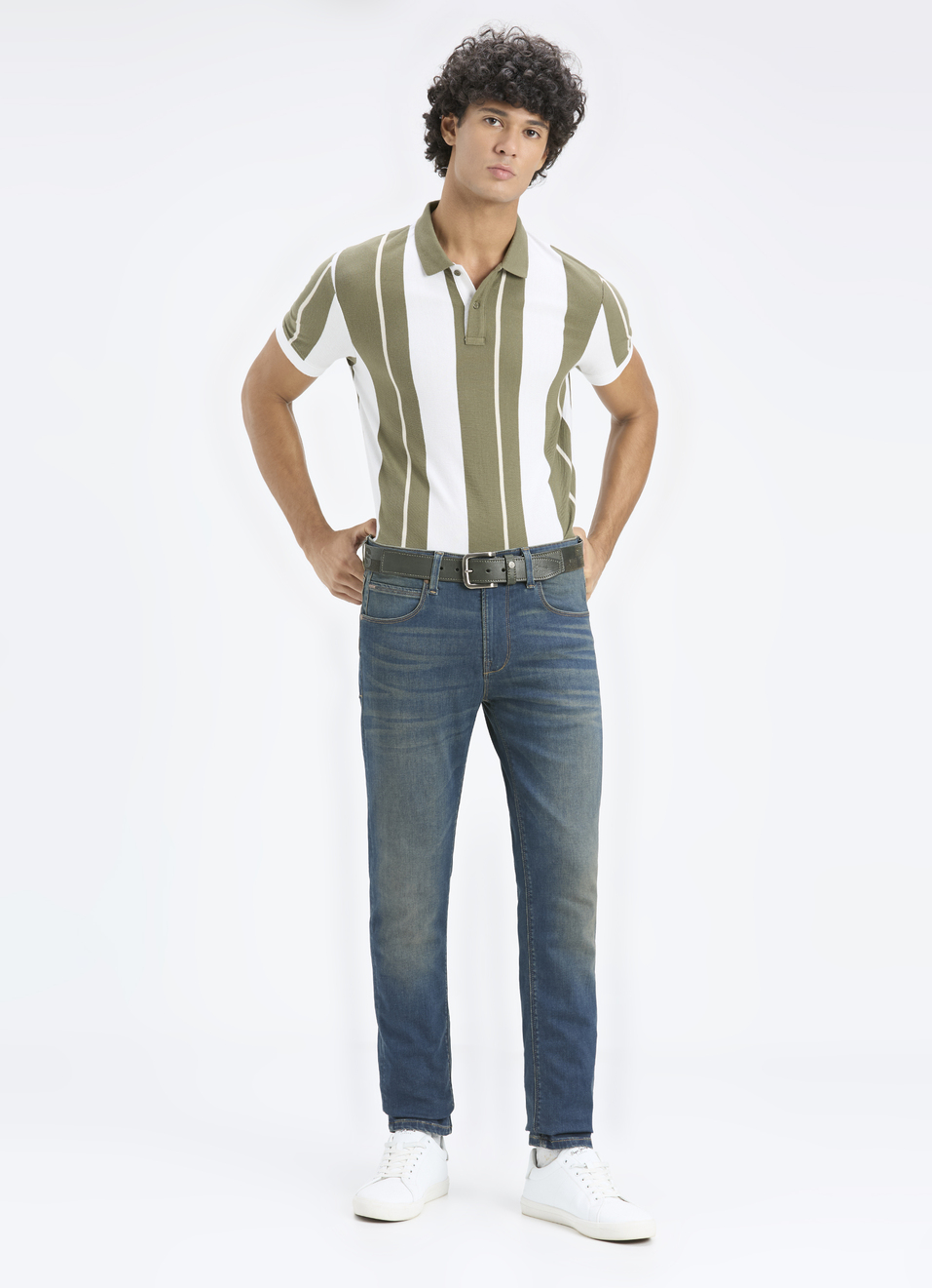 Men Olive & White Vertical Stripe Polo, , large image number 5