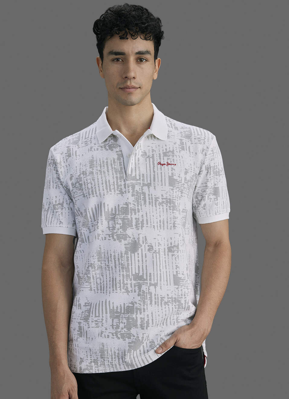 Men Off White Printed Polo Collar T-shirt, , large image number 0