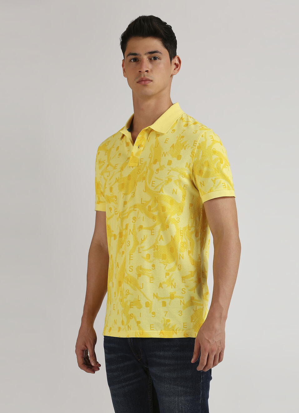 Yellow Typographic Print Pique Short Sleeve Polo, , large image number 3