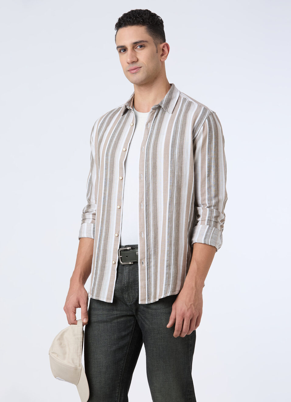Men Olive Vertical Stripe Full Sleeve Shirt, , large image number 0