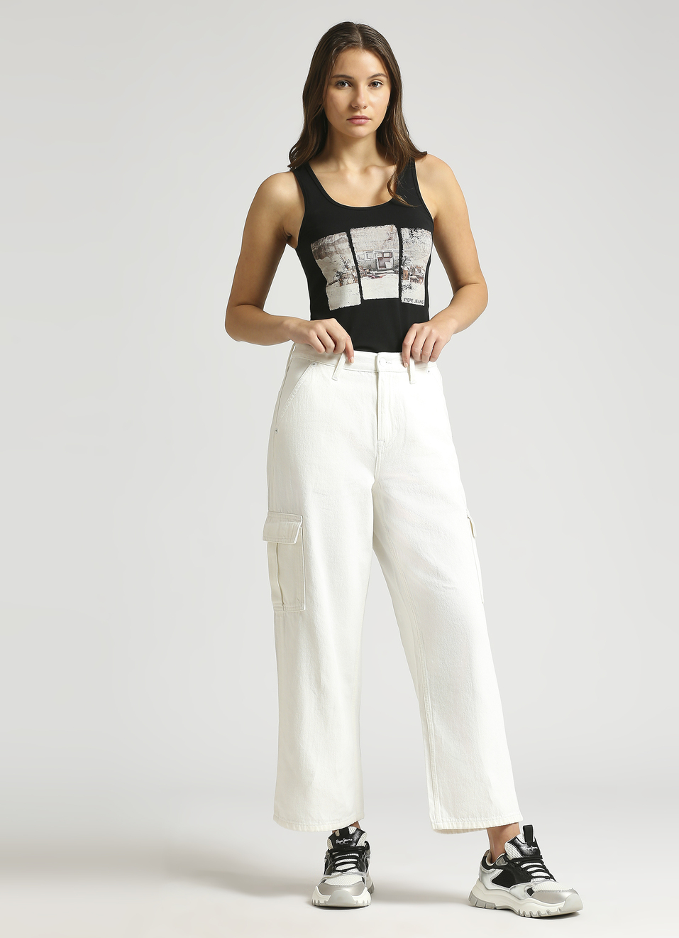 Cargo Straight Fit High Waist White Jeans, , large image number 0