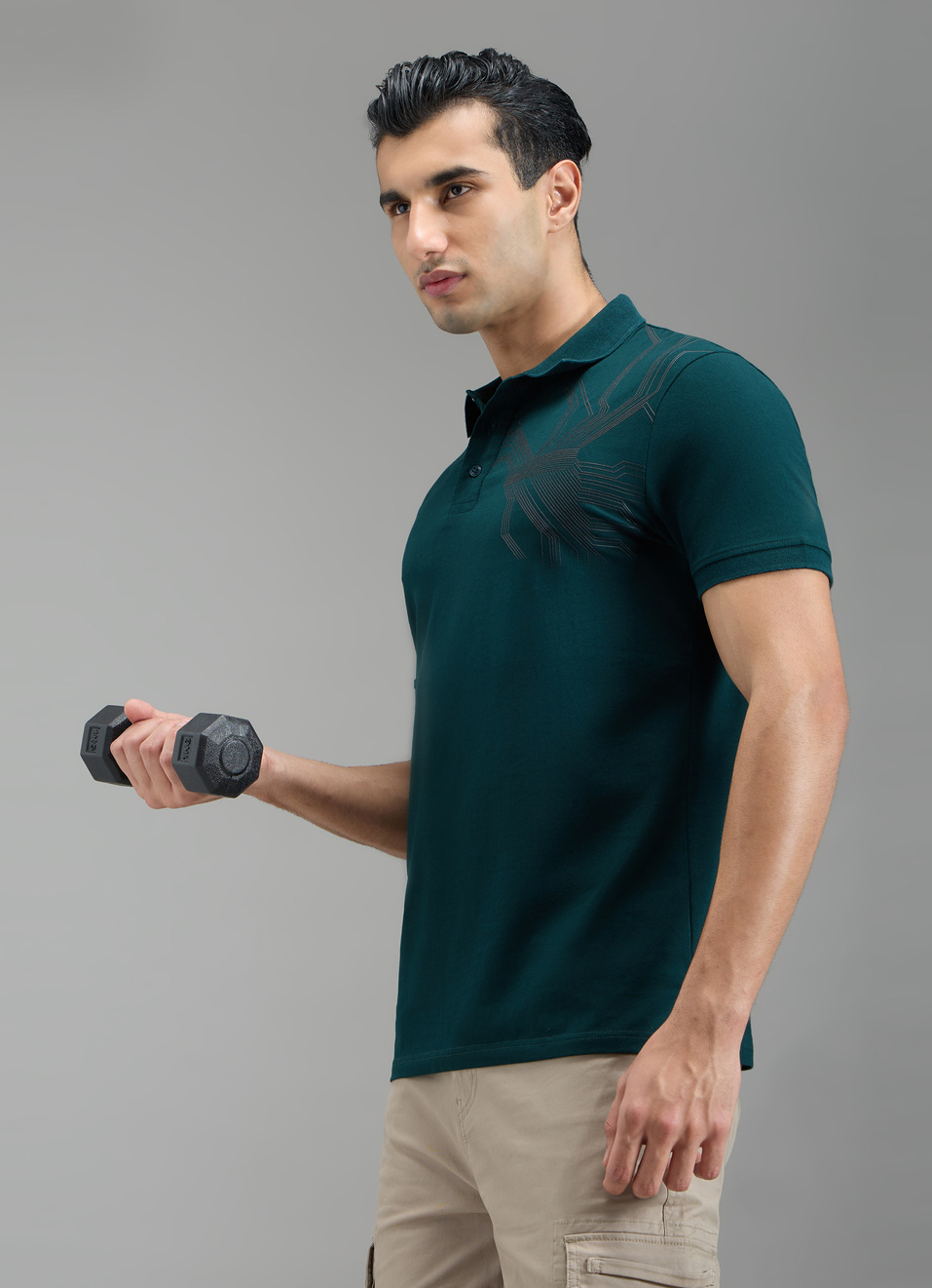 Men Teal Blue Geometric Print Polo, , large image number 3