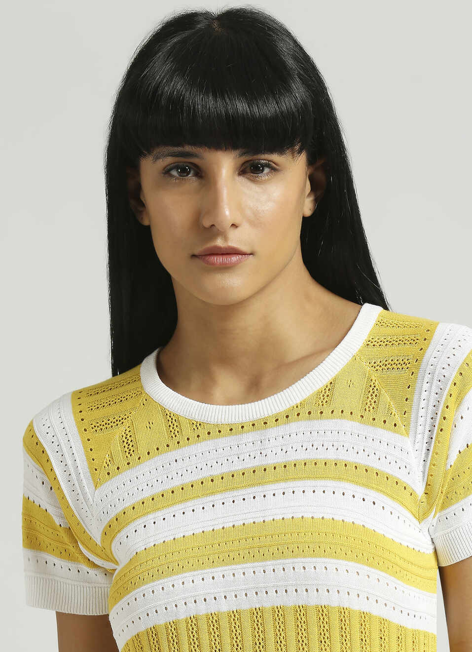 Yellow Stripes Self Design Flat Knit Top, , large image number 4