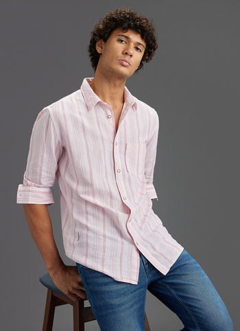 Men Pink Striped Regular Fit Full Sleeve Casual Shirt