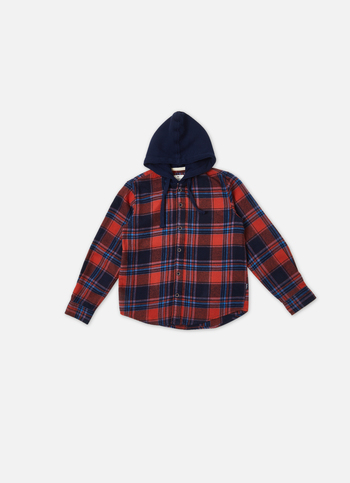 Boys Navy Check Full Sleeve Hooded Shirt