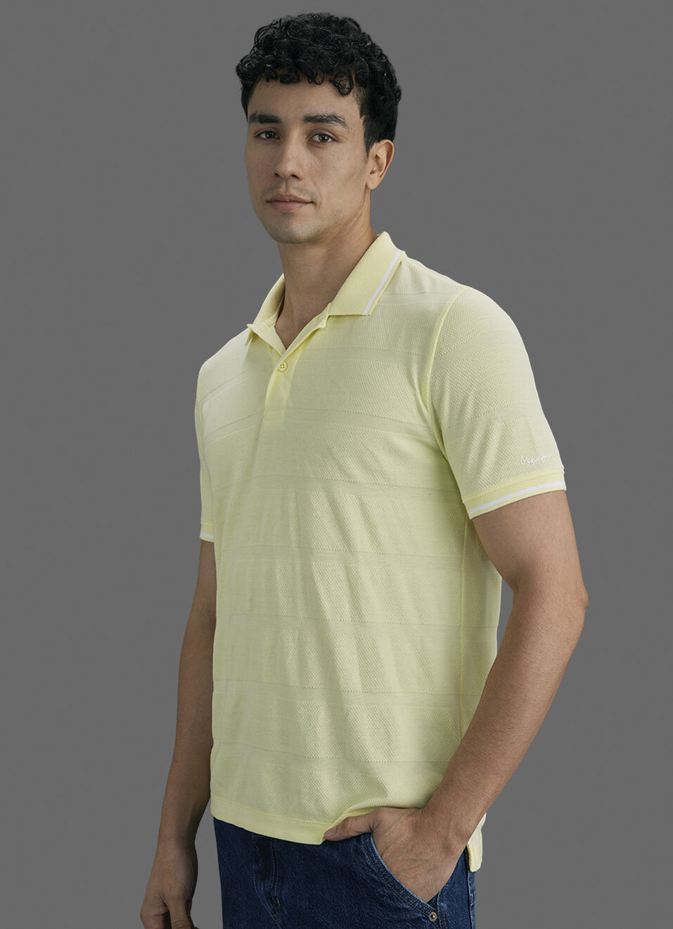 Men Yellow Striped Polo Collar T-shirt, , large image number 7