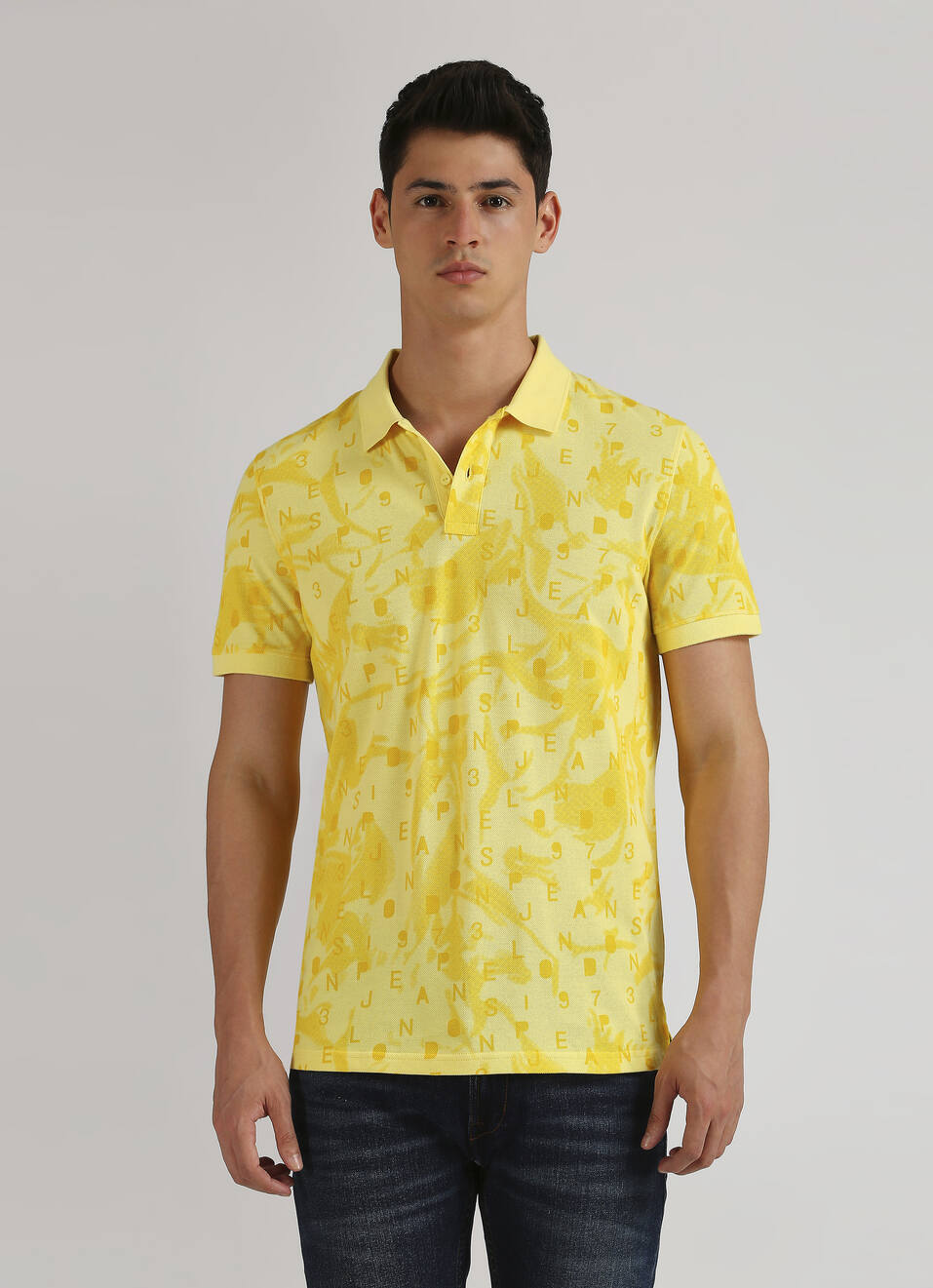 Yellow Typographic Print Pique Short Sleeve Polo, , large image number 1