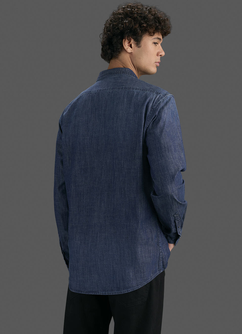 Men Dark Blue Long Sleeve Denim Shirt, , large image number 3