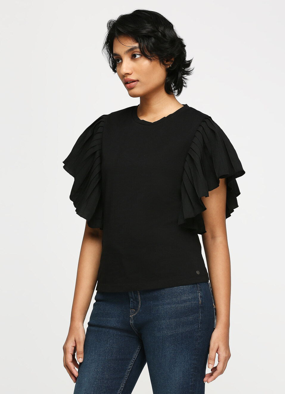 Black Round Neck Short Sleeve T-shirt, , large image number 3