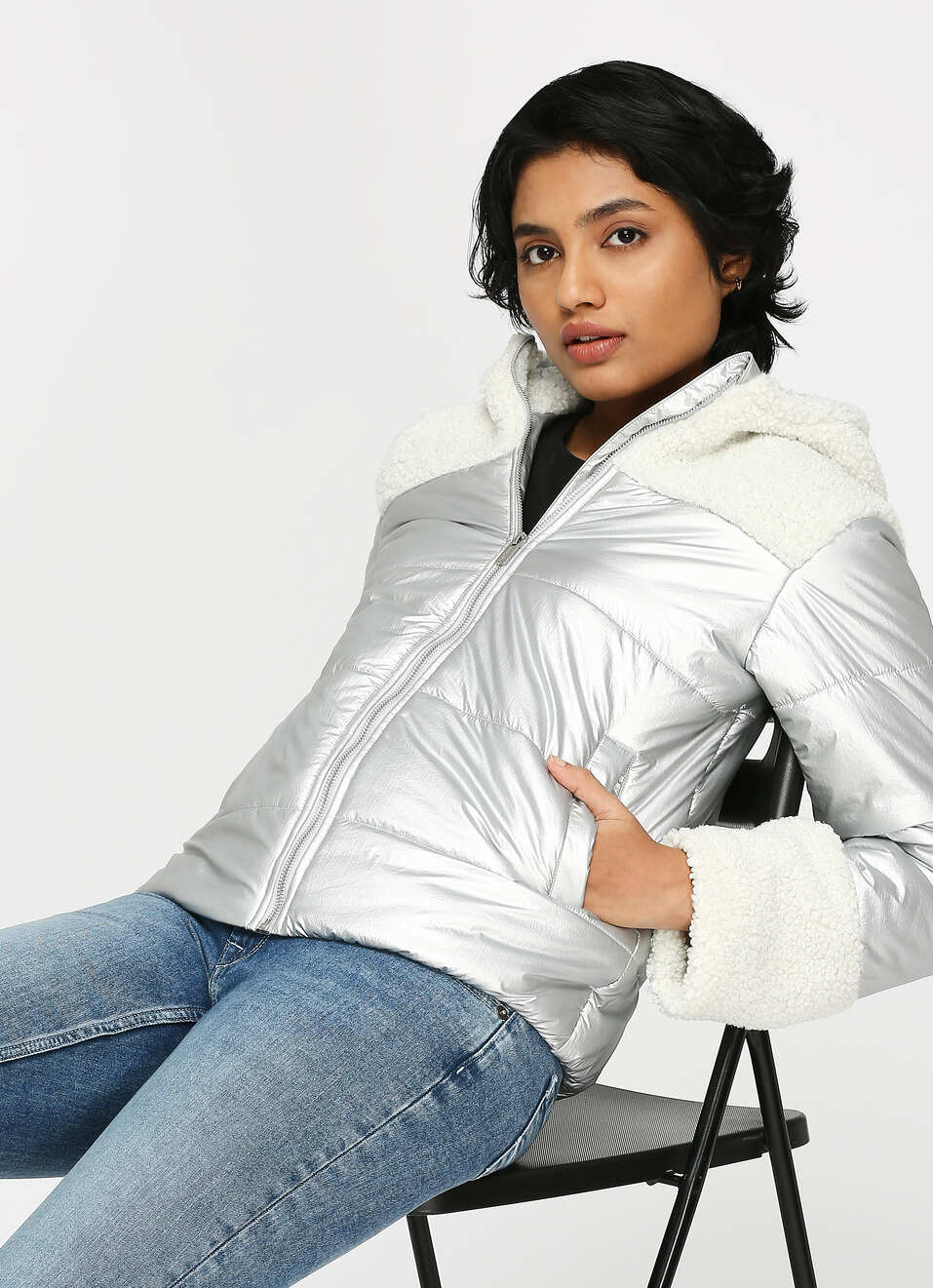 Silver Colour Block  Puffer Jacket, , large image number 0