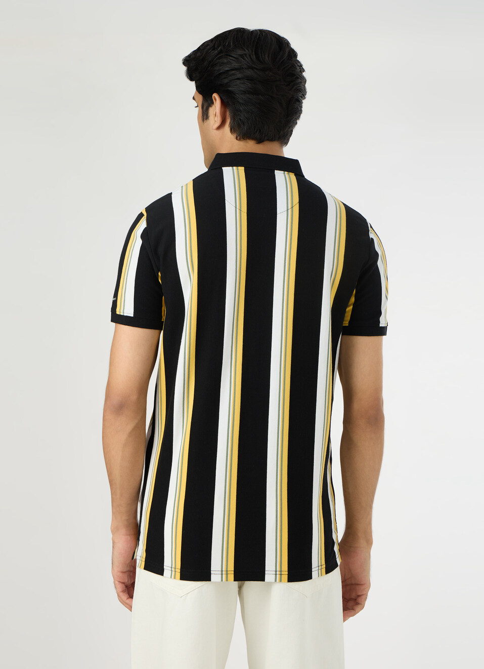 Men Black Striped Polo Collar T-shirt, , large image number 2
