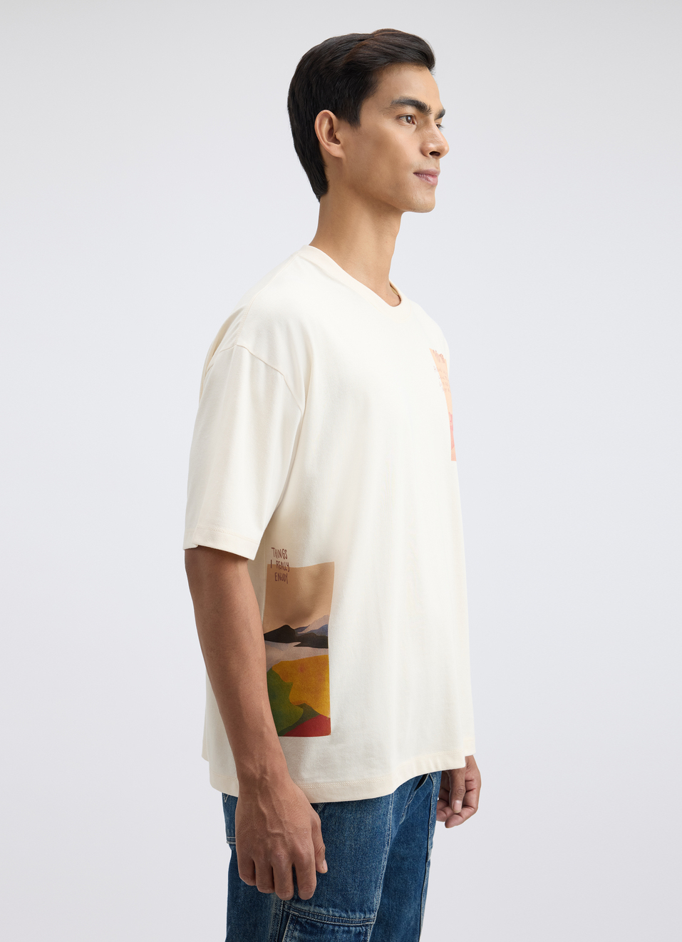 Men White Back Print Short Sleeve Oversized T-shirt, , large image number 3