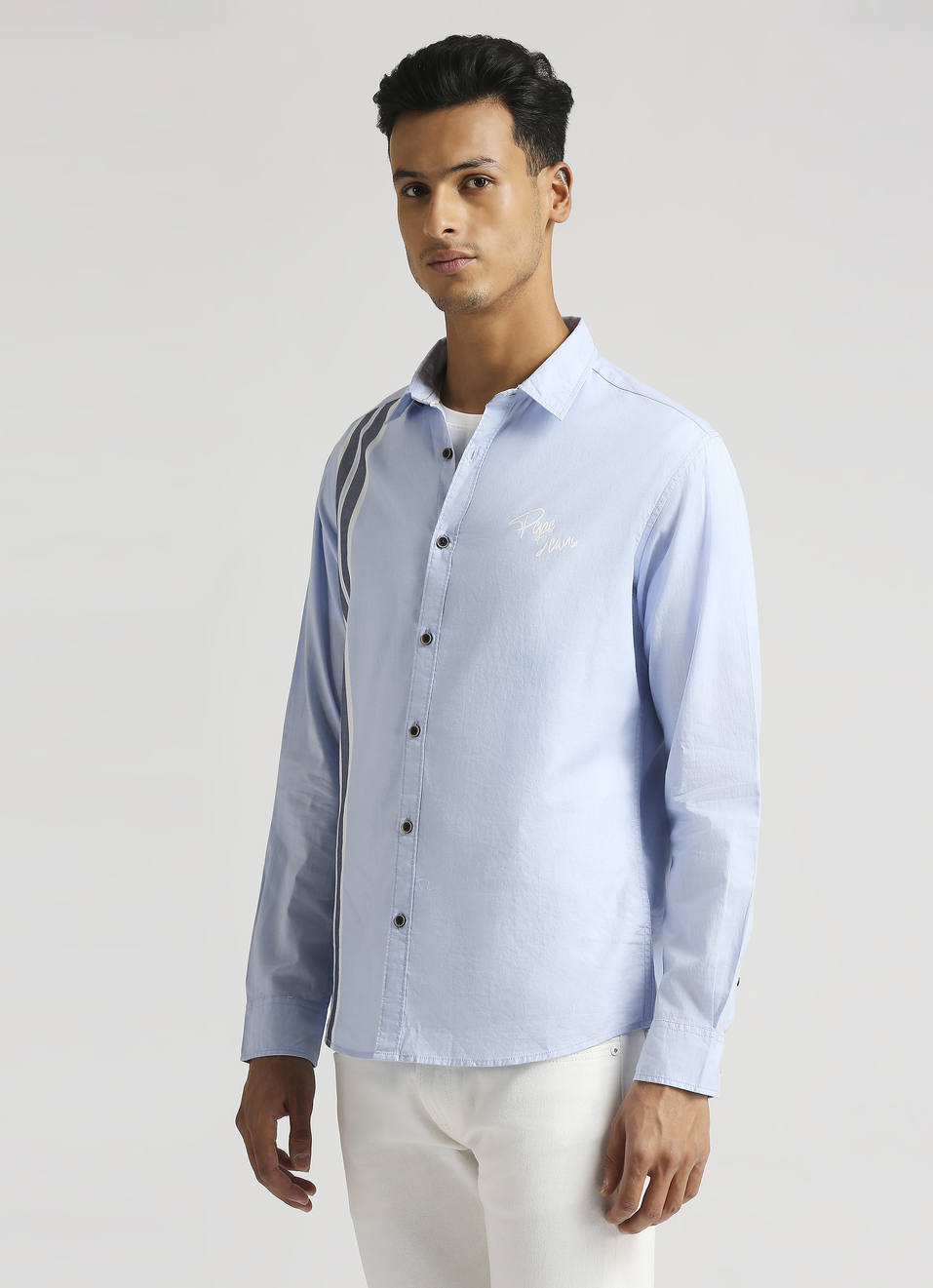 Sky Blue Yarn Dyed Placment Stripes Long Sleeve Shirt, , large image number 3