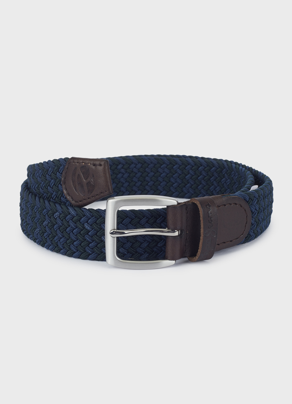 Men Braided Stretch Belt In Navy With Leather Trim, , large image number 0