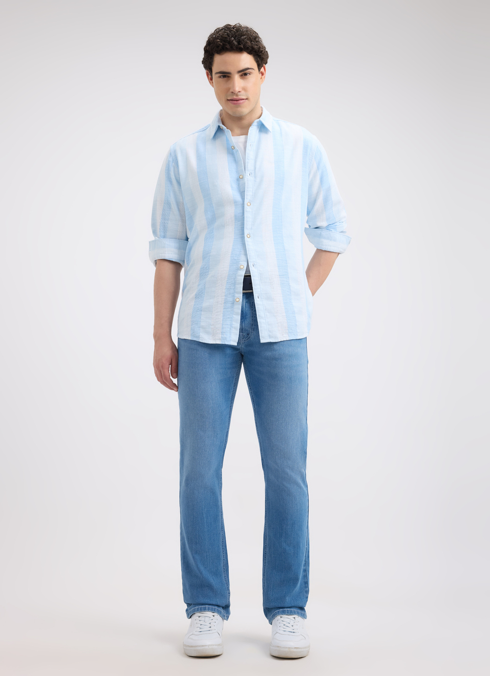 Men Blue Stripe Full Sleeve Shirt, , large image number 5