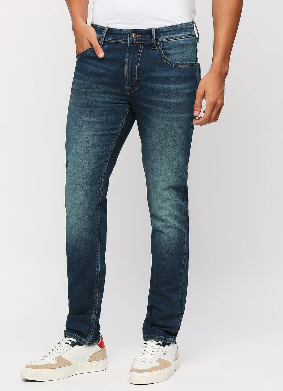 Vapour Dark Blue Mid Rise Tapered Jeans, , large image number 5