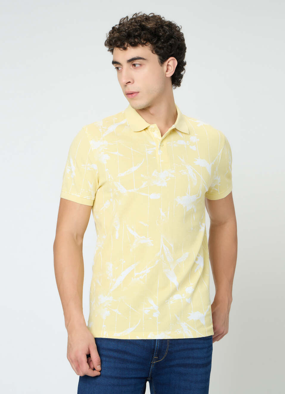 Men Yellow Abstract Print Polo Collar T-shirt, , large image number 1