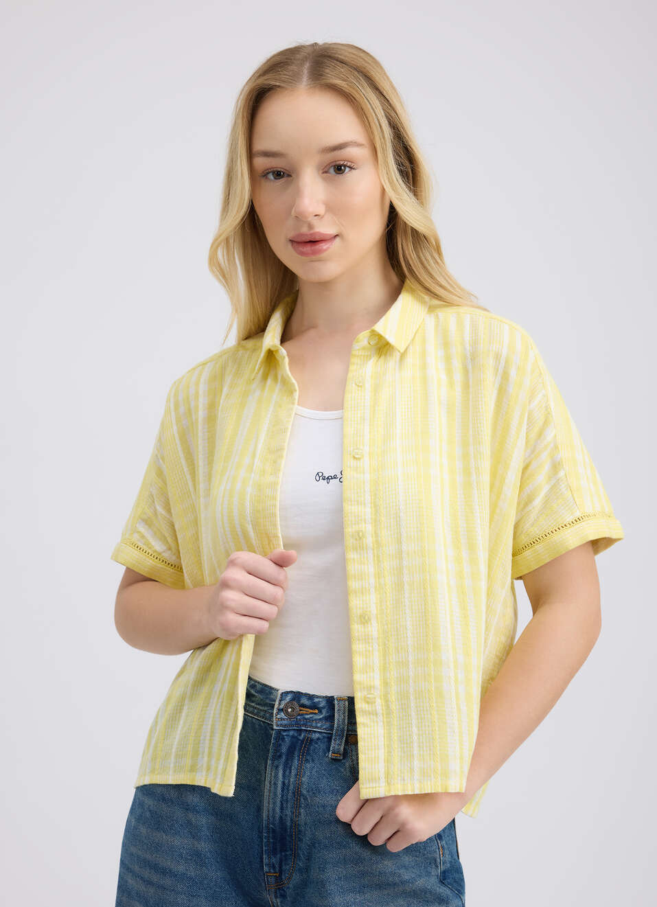 Women Yellow Check Short Sleeve Shirt, , large image number 0