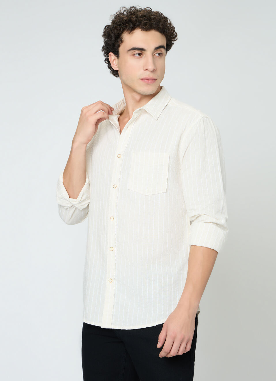 Men Natural Beige Striped Shirt, , large image number 4