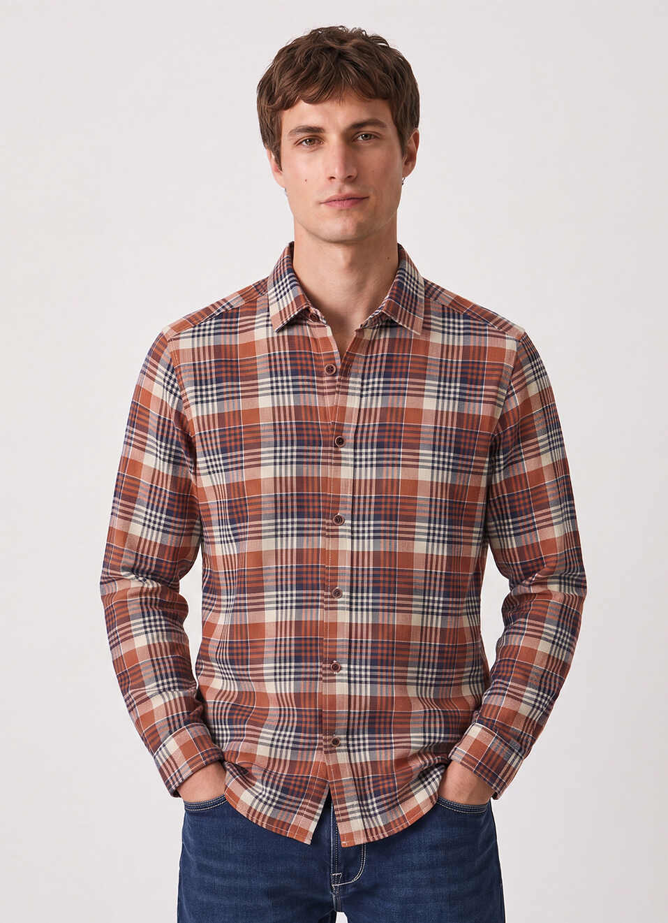 Men Brown Checked Brushed Long Sleeve Shirt, , large image number 1