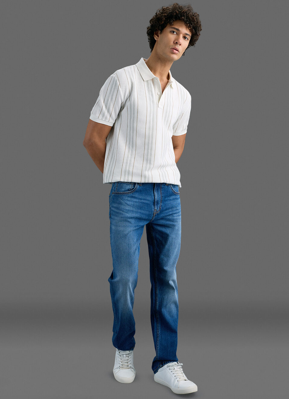 Men White Striped Polo T-shirt, , large image number 2