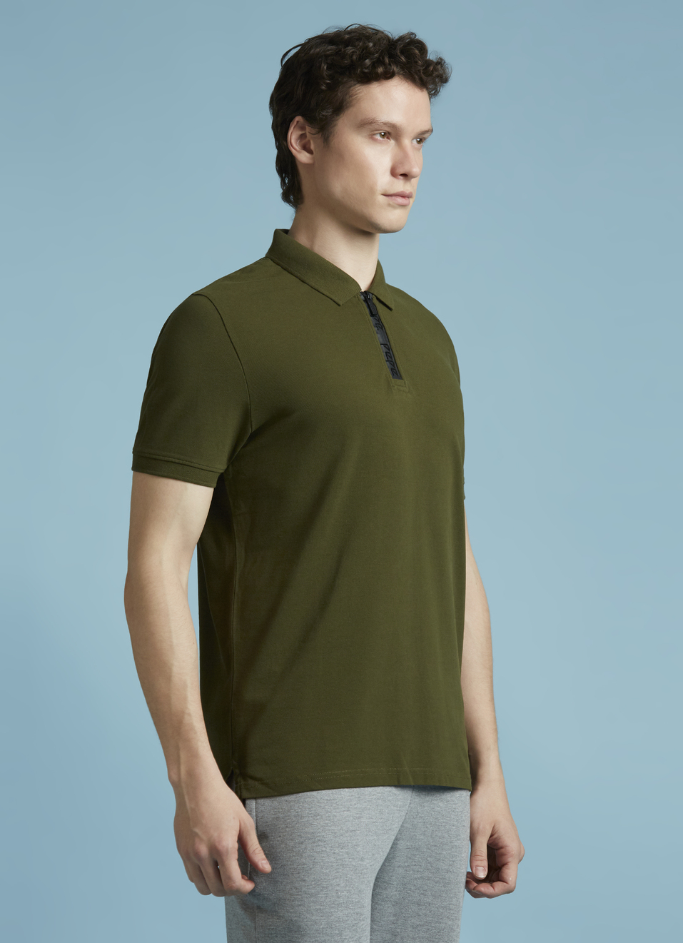 Olive Short Sleeves Zipper Stretch Polo, , large image number 3