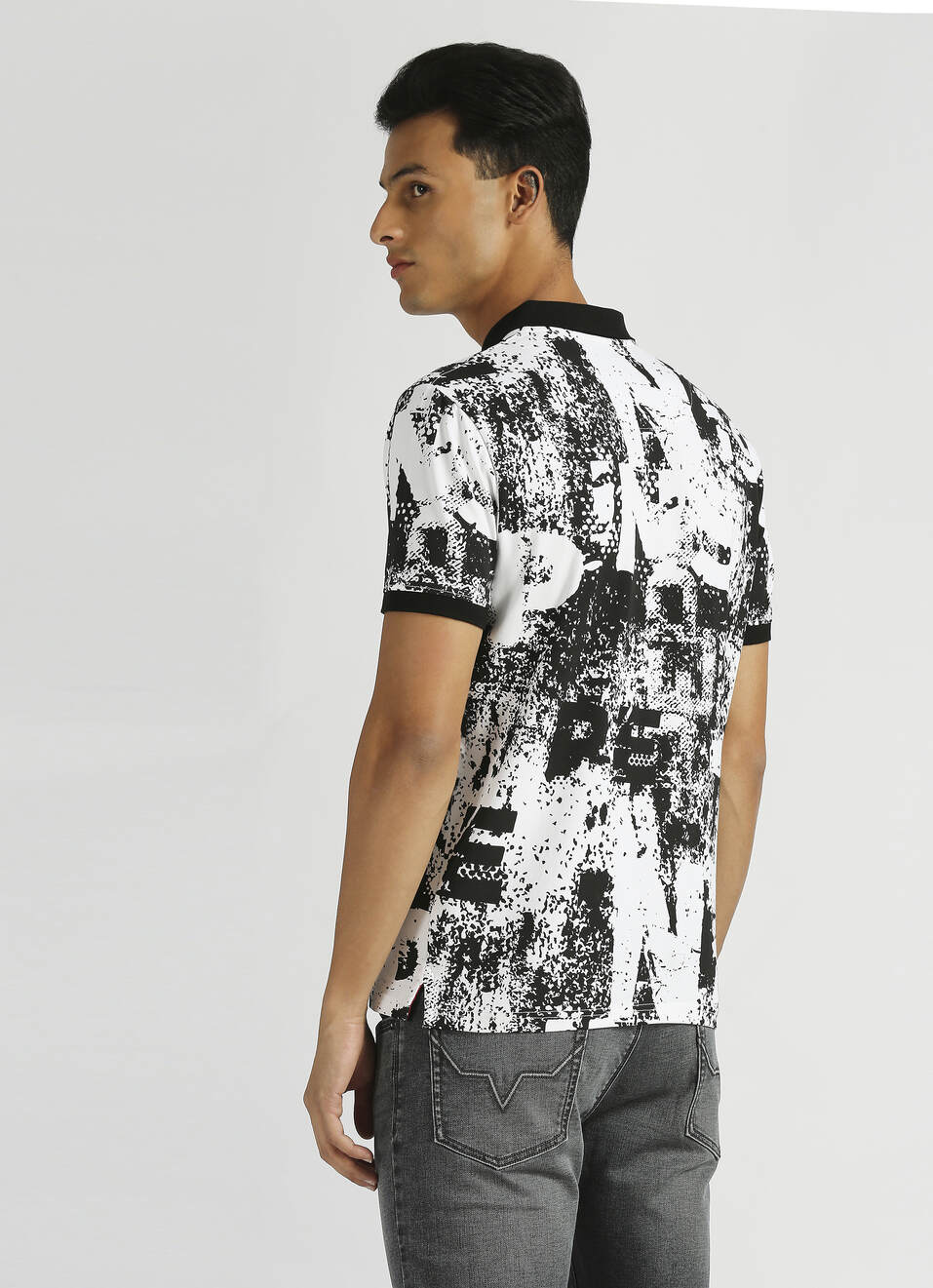 Black Typographic Print Stretch Short Sleeve Polo , , large image number 2