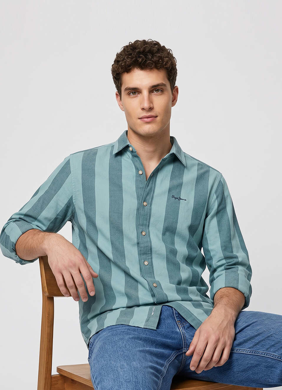 Men Green Striped Oxford Long Sleeve Shirt, , large image number 0