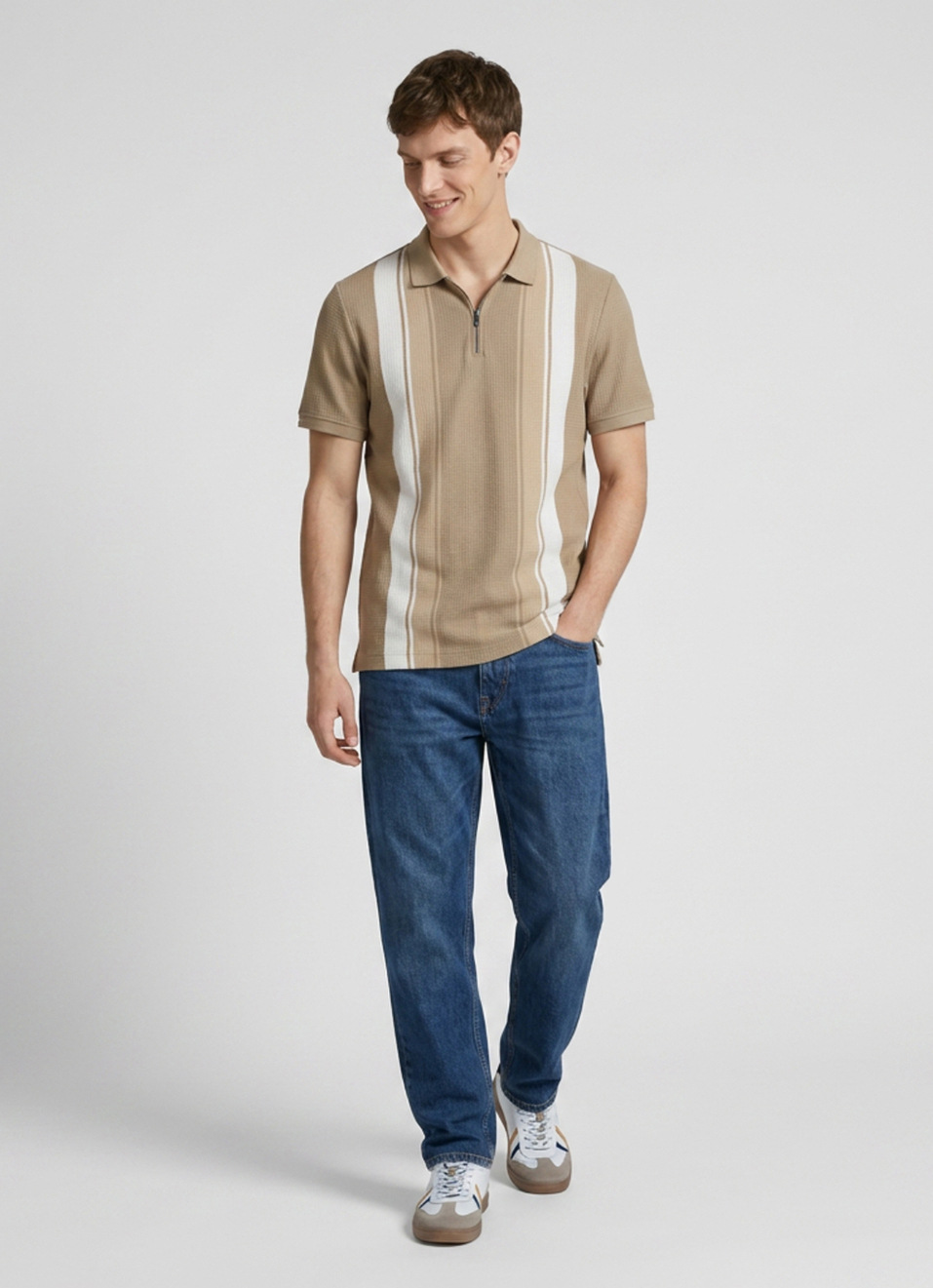 Men Khaki Striped Polo Collar T-shirt, , large image number 5