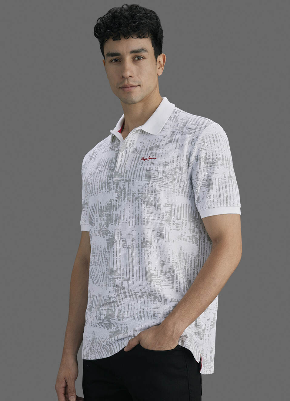 Men Off White Printed Polo Collar T-shirt, , large image number 7